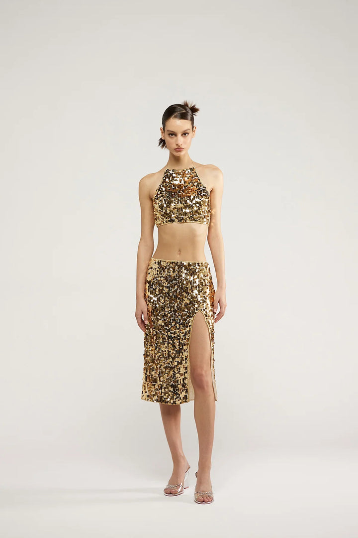 Night Sequins Midi Skirt - Gold