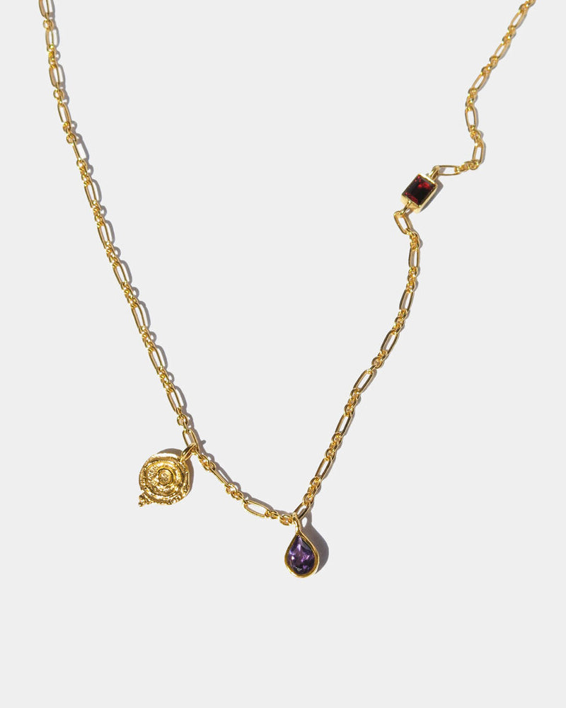 Magas necklace / long / amethyst and garnet stones / 24k vermeil 925 silver